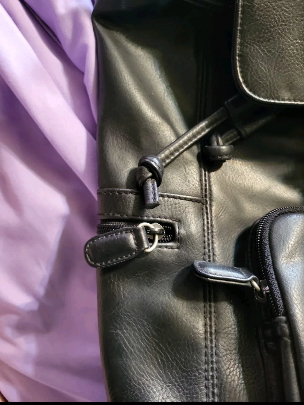 Black Leather Crazy Horse Drawstring Backpack - Vintage Style